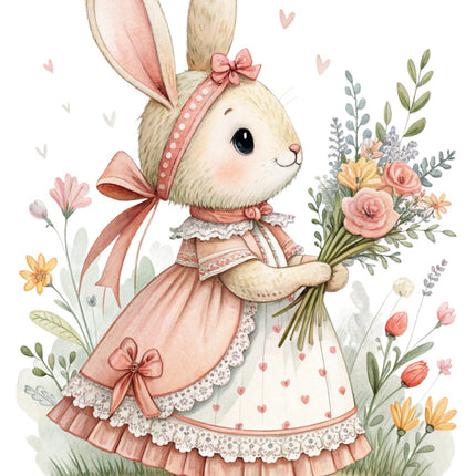bunny in a pink dress surrounded by flowers and leaves fabric panel
