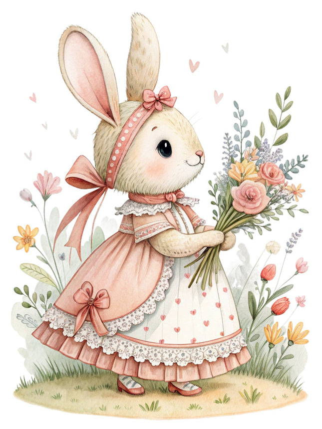bunny in a pink dress surrounded by flowers and leaves fabric panel