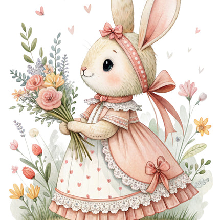 rabbit in a pink dress surrounded by flowers quilt block