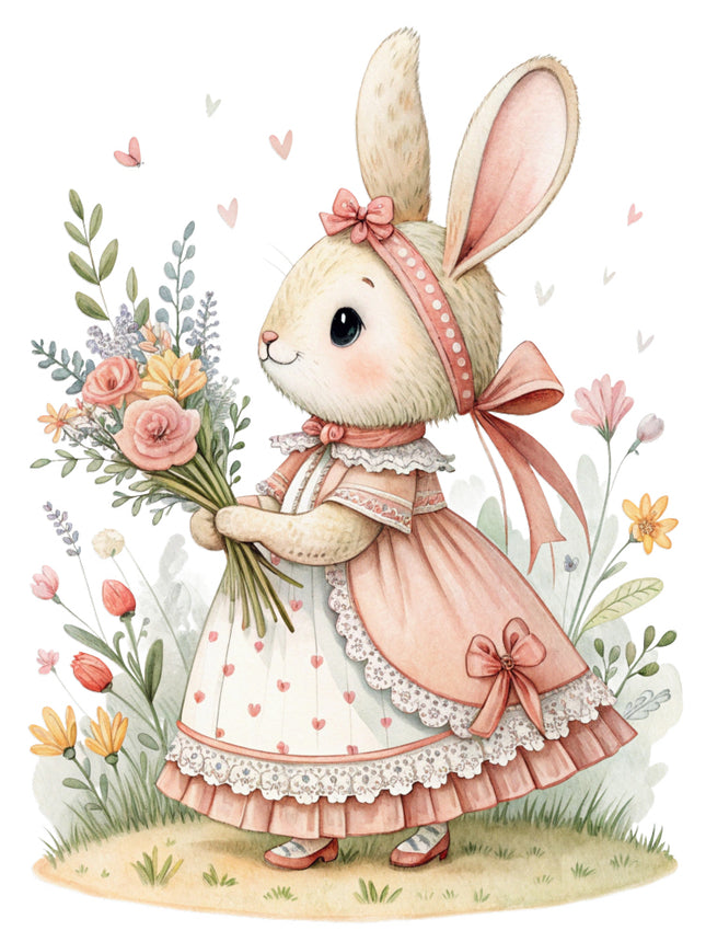 rabbit in a pink dress surrounded by flowers quilt block