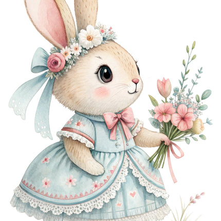 bunny in a dress surrounded by flowers and leaves fabric panel