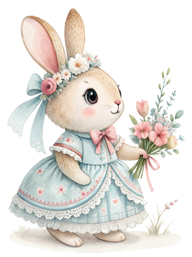 bunny in a dress surrounded by flowers and leaves fabric panel