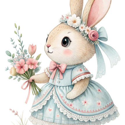 rabbit in a pink dress surrounded by flowers quilt block