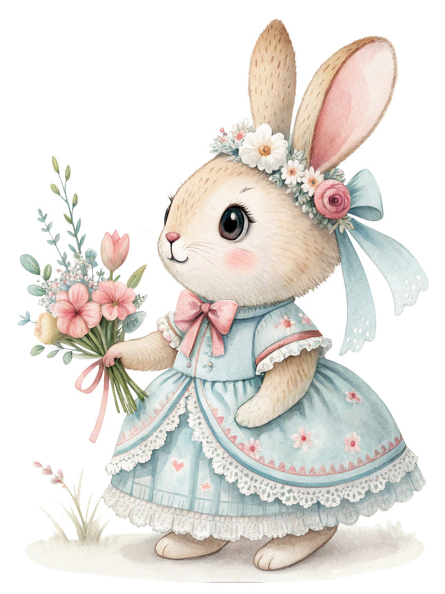 rabbit in a pink dress surrounded by flowers quilt block