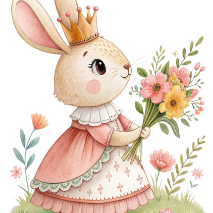bunny in a pink dress surrounded by flowers and leaves fabric panel