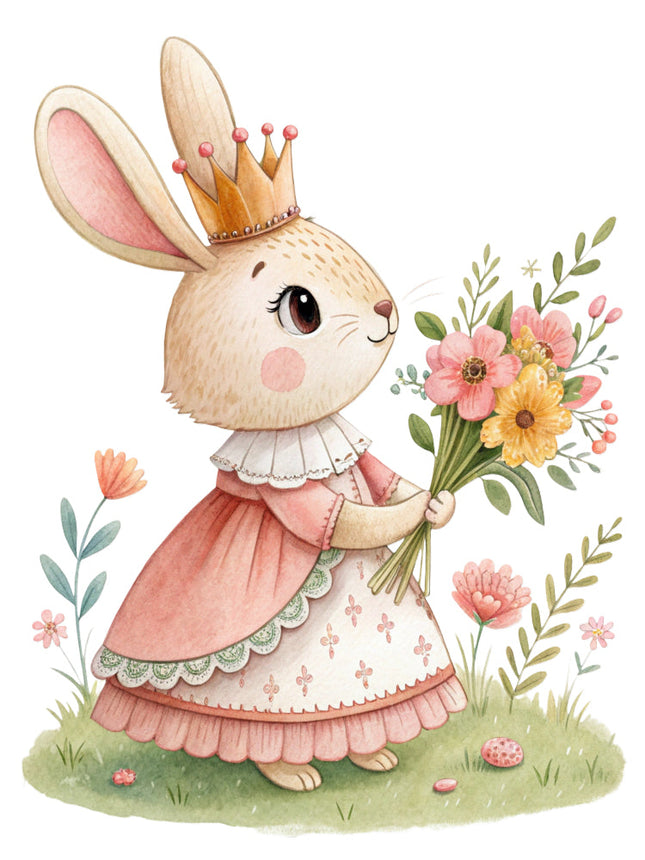 bunny in a pink dress surrounded by flowers and leaves fabric panel