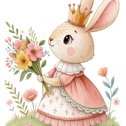 rabbit in a pink dress surrounded by flowers quilt block