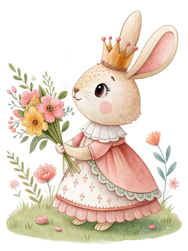 rabbit in a pink dress surrounded by flowers quilt block