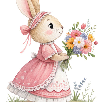 bunny in a pink dress surrounded by flowers and leaves fabric panel