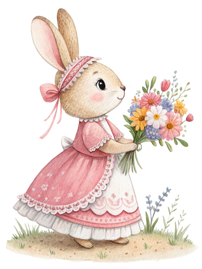 bunny in a pink dress surrounded by flowers and leaves fabric panel
