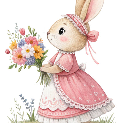 bunny in a pink dress surrounded by flowers quilt block