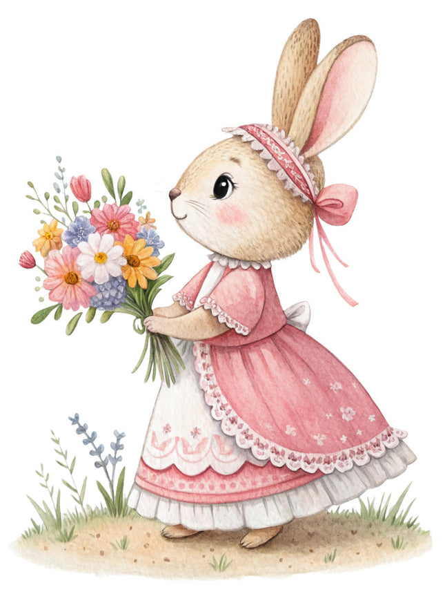 bunny in a pink dress surrounded by flowers quilt block