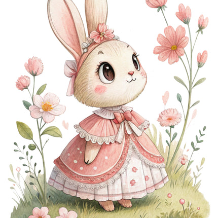 bunny in a pink dress surrounded by flowers and leaves fabric panel