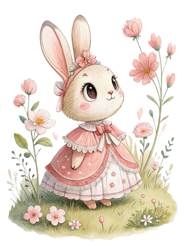 bunny in a pink dress surrounded by flowers and leaves fabric panel