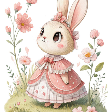 bunny in a pink dress surrounded by flowers quilt block