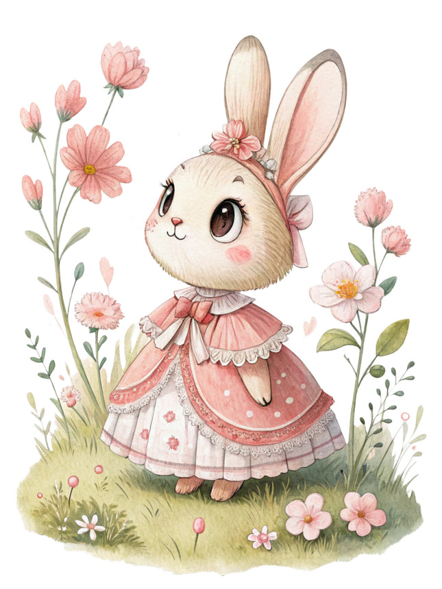 bunny in a pink dress surrounded by flowers quilt block