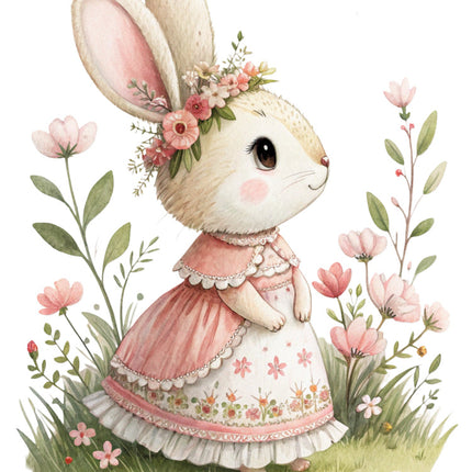 bunny in a pink dress surrounded by flowers and leaves fabric panel
