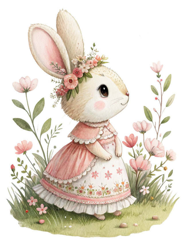 bunny in a pink dress surrounded by flowers and leaves fabric panel