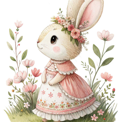 bunny in a pink dress surrounded by flowers quilt block