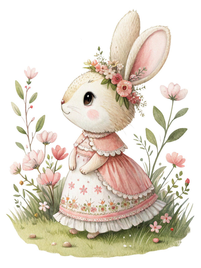bunny in a pink dress surrounded by flowers quilt block