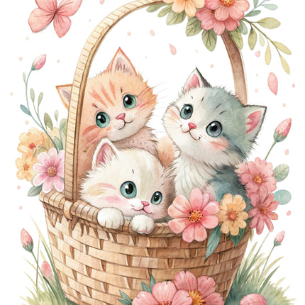 kittens in a basket surrounded by flowers fabric panel