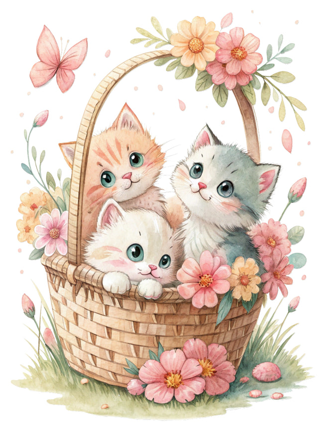 kittens in a basket surrounded by flowers fabric panel
