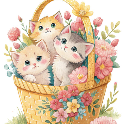 kittens in a basket surrounded by flowers fabric panel