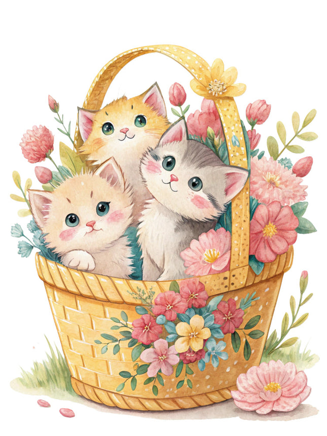kittens in a basket surrounded by flowers fabric panel