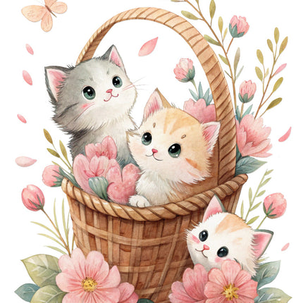 kittens in a basket surrounded by flowers fabric panel