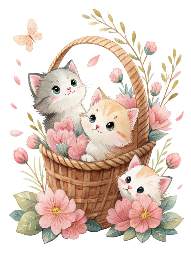 kittens in a basket surrounded by flowers fabric panel