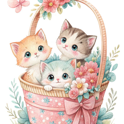 kittens in a basket surrounded by flowers fabric panel