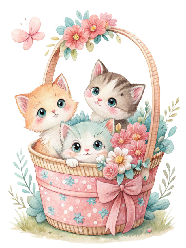 kittens in a basket surrounded by flowers fabric panel