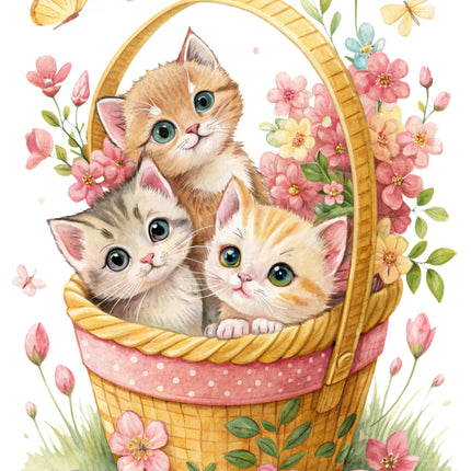 kittens in a basket surrounded by flowers fabric panel