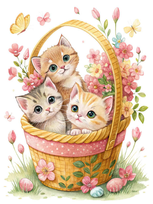 kittens in a basket surrounded by flowers fabric panel