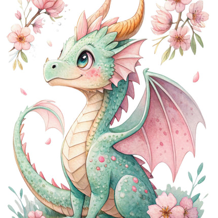 Cartoon dragon with pink flowers quilt block