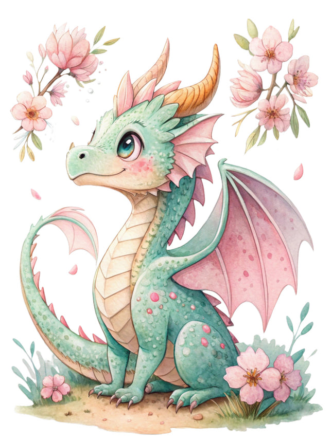 Cartoon dragon with pink flowers quilt block
