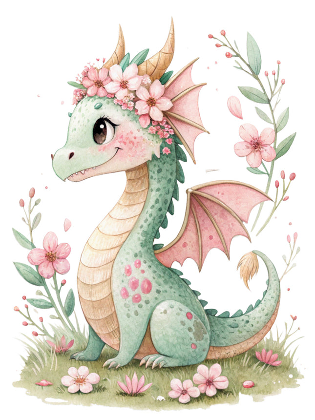Cartoon dragon with pink flowers quilt block