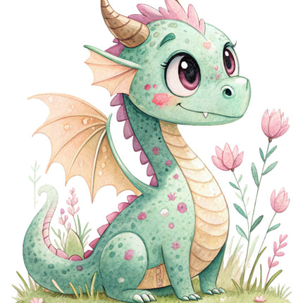 Cartoon dragon with pink flowers quilt block