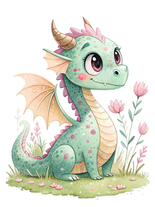 Cartoon dragon with pink flowers quilt block
