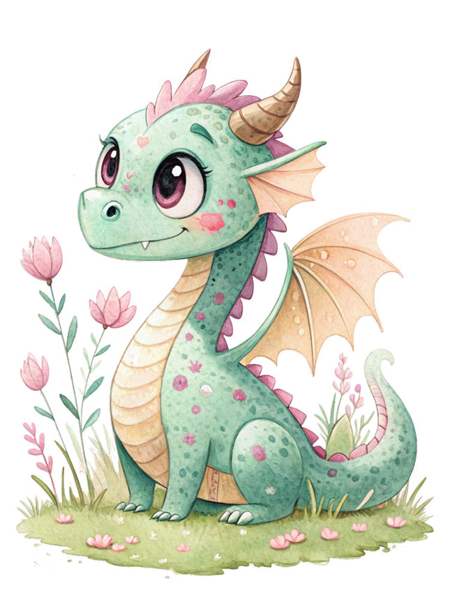 Cartoon dragon with pink flowers quilt block