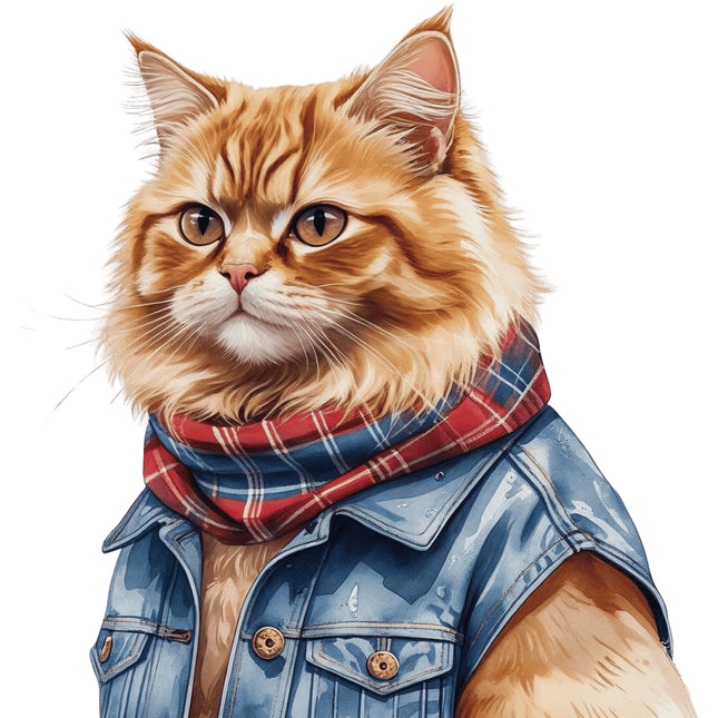 cat wearing a denim vest and plaid scarf fabric panel