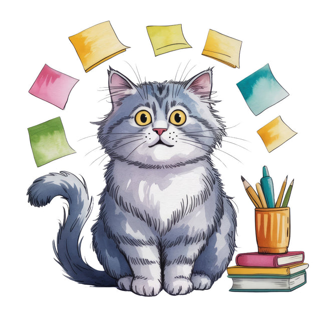 cat with colorful sticky notes and stationery fabric panel