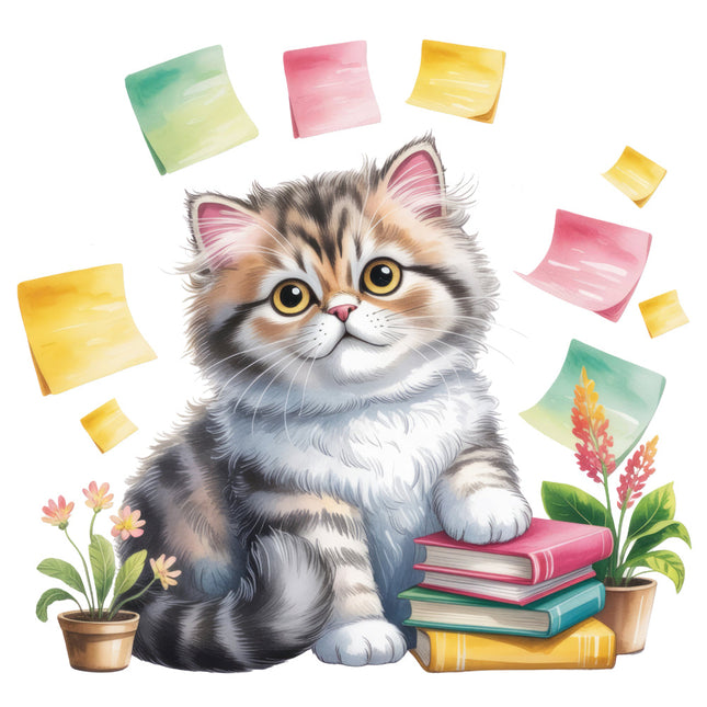 cat with colorful sticky notes and stationery fabric panel