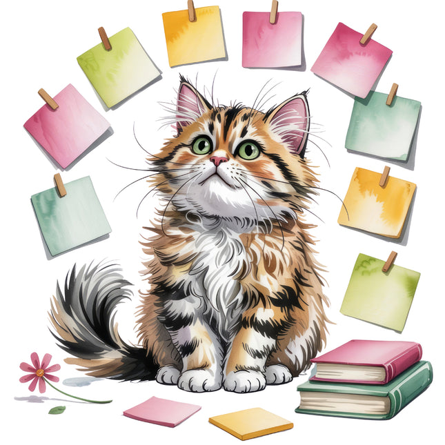 cat with colorful sticky notes and stationery fabric panel