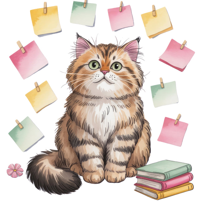 cat with colorful sticky notes and stationery fabric panel