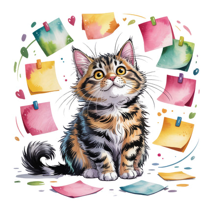 cat with colorful sticky notes and stationery fabric panel