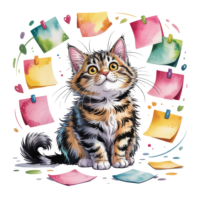 cat with colorful sticky notes and stationery fabric panel