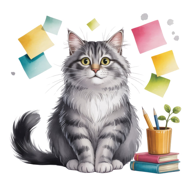 cat with colorful sticky notes and stationery fabric panel