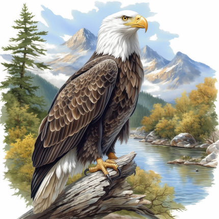 Bald eagle perched on a log with a mountainous landscape fabric panel