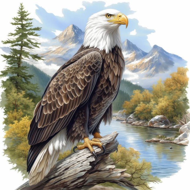 Bald eagle perched on a log with a mountainous landscape fabric panel